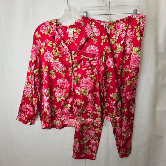 Victoria’s Secret PINK Pajama Set Women’s L Red Floral Satin Ribbon Trim Cozy - Picture 1 of 13